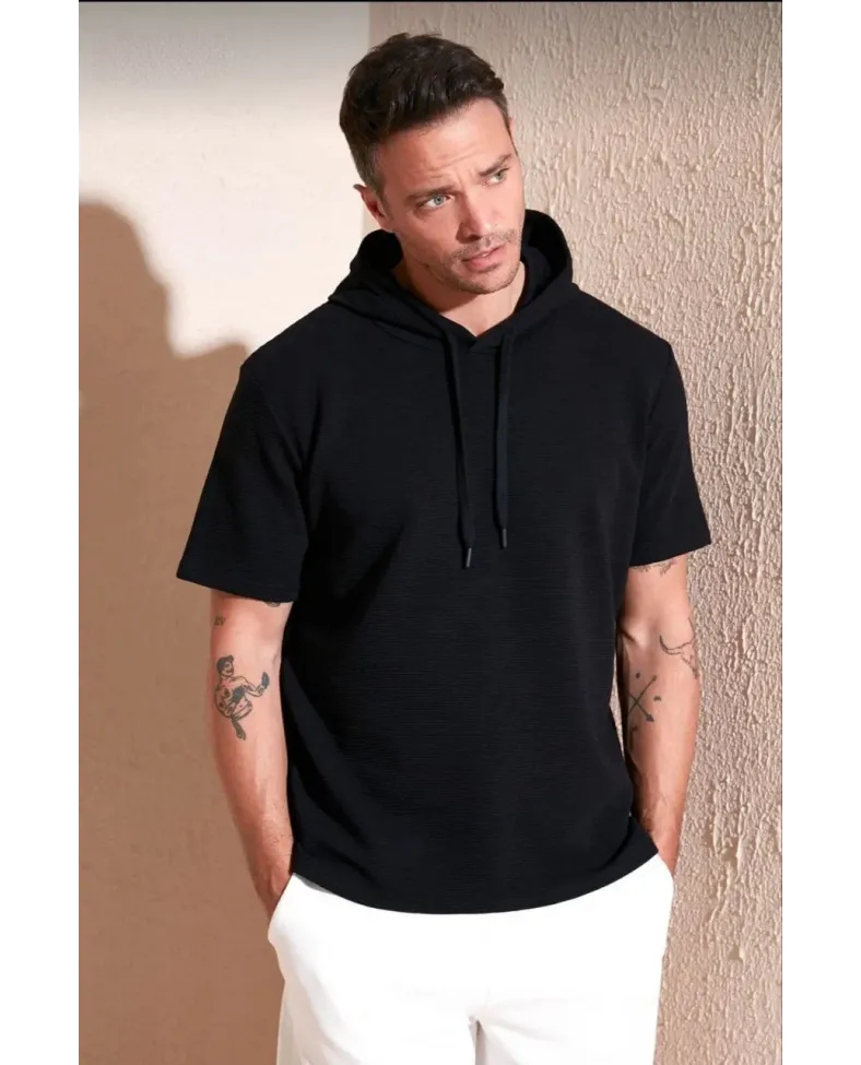 Erkek  Kapşonlu Kısa Kol Düz Oversize T-shirt - Siyah