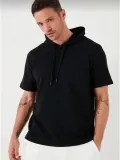 Erkek  Kapşonlu Kısa Kol Düz Oversize T-shirt - Siyah