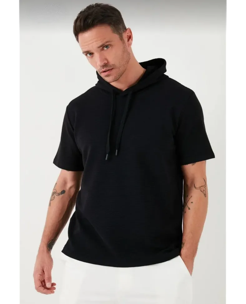 Erkek  Kapşonlu Kısa Kol Düz Oversize T-shirt - Siyah