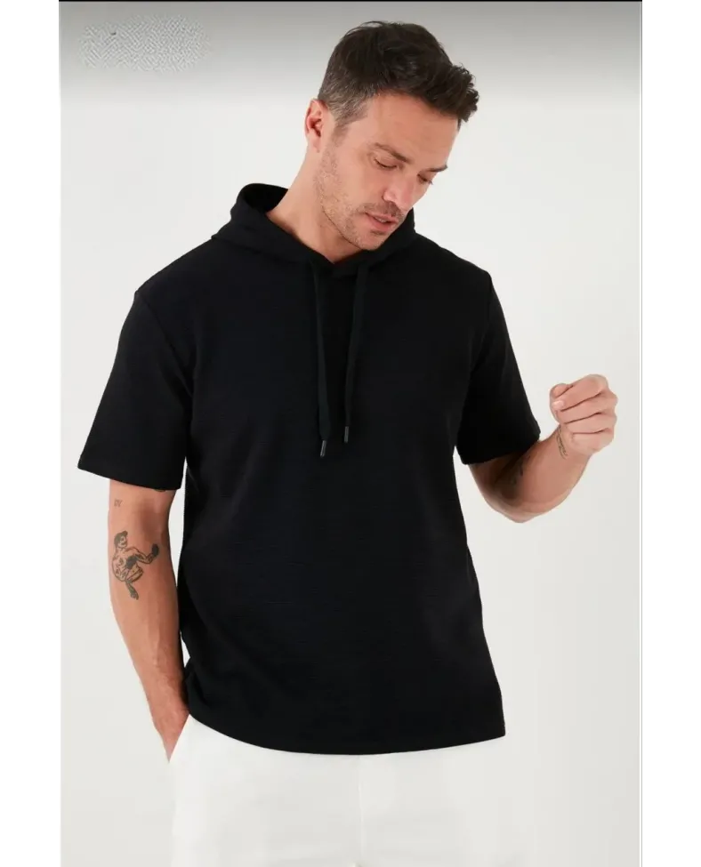 Erkek  Kapşonlu Kısa Kol Düz Oversize T-shirt - Siyah
