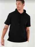Erkek  Kapşonlu Kısa Kol Düz Oversize T-shirt - Siyah