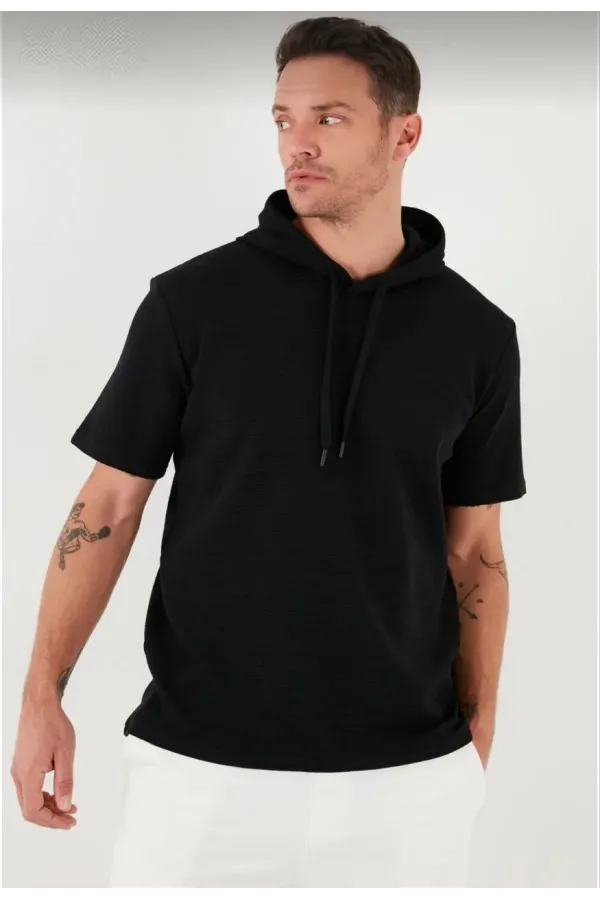 Erkek  Kapşonlu Kısa Kol Düz Oversize T-shirt - Siyah