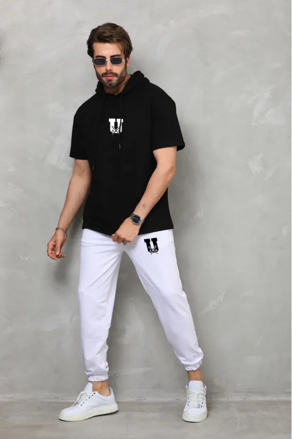 Unisex Kapşonlu Oversize T-Shirt Takım - Siyah