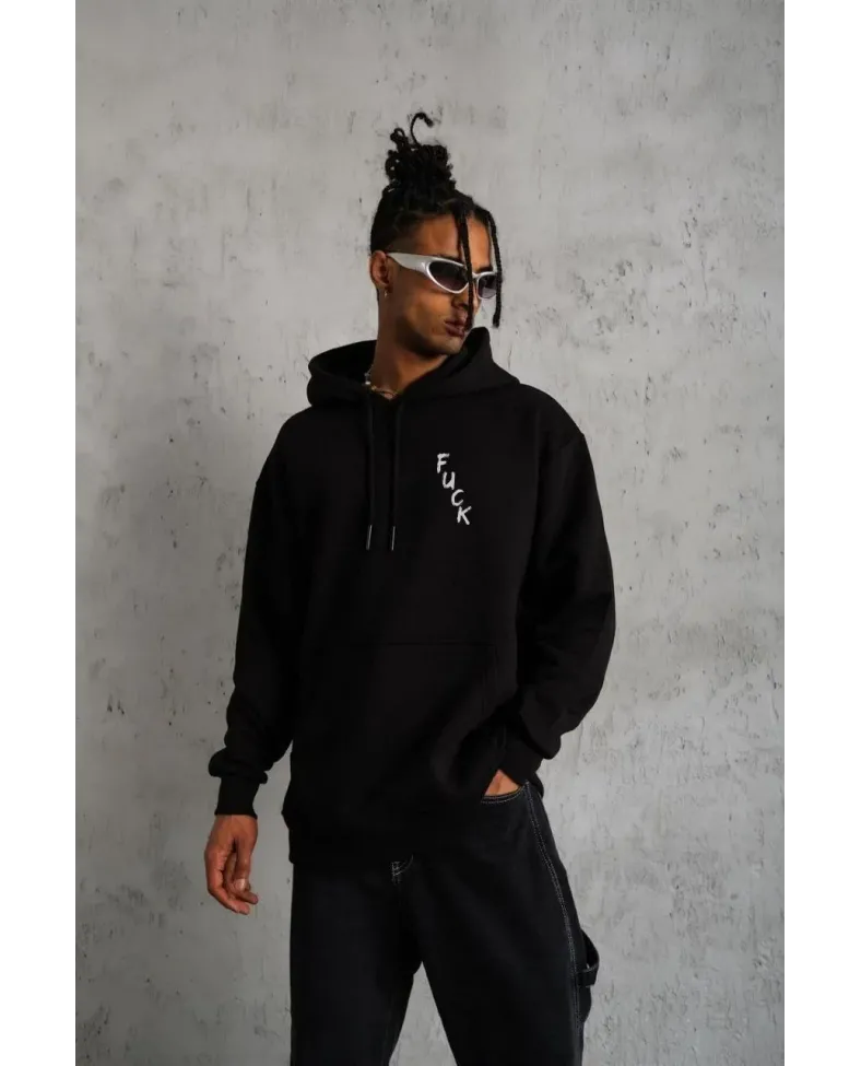 ERKEK Kapşonlu Uzun Kol Baskılı Sweetshirt - Siyah