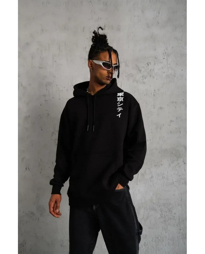 ERKEK Kapşonlu Uzun Kol Baskılı Sweetshirt - Siyah