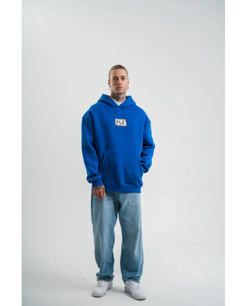 ERKEK Kapşonlu Uzun Kol Patchli Nakışlı SweatShirt - Mavi