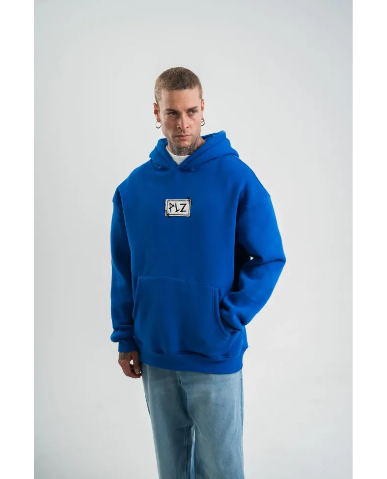 ERKEK Kapşonlu Uzun Kol Patchli Nakışlı SweatShirt - Mavi