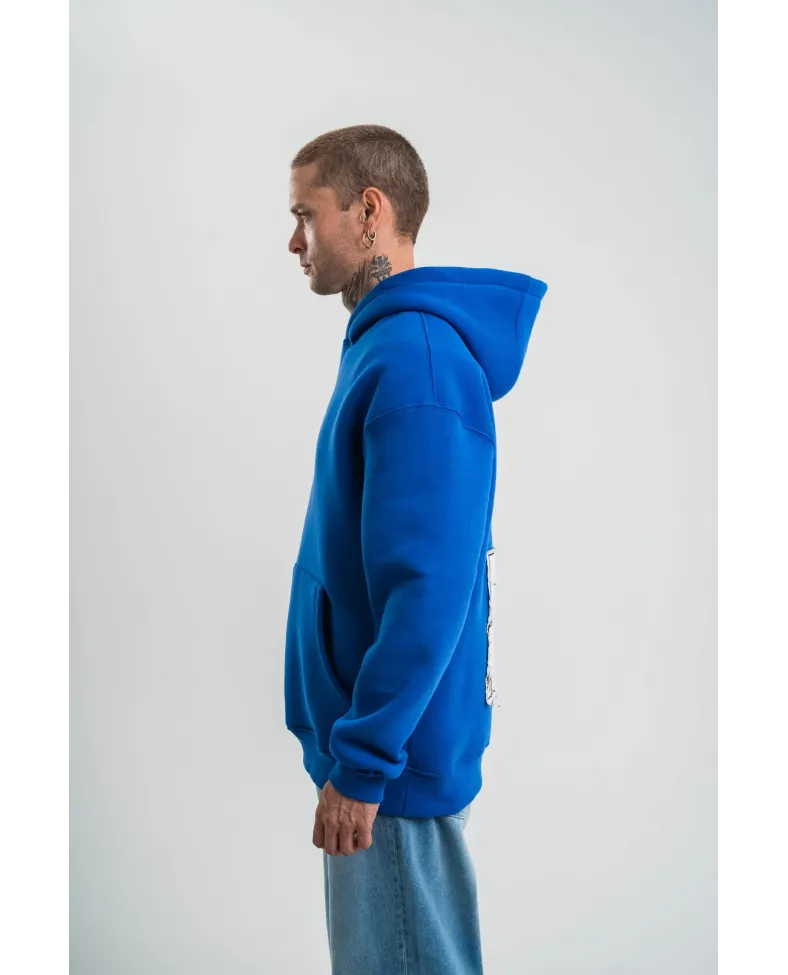 ERKEK Kapşonlu Uzun Kol Patchli Nakışlı SweatShirt - Mavi