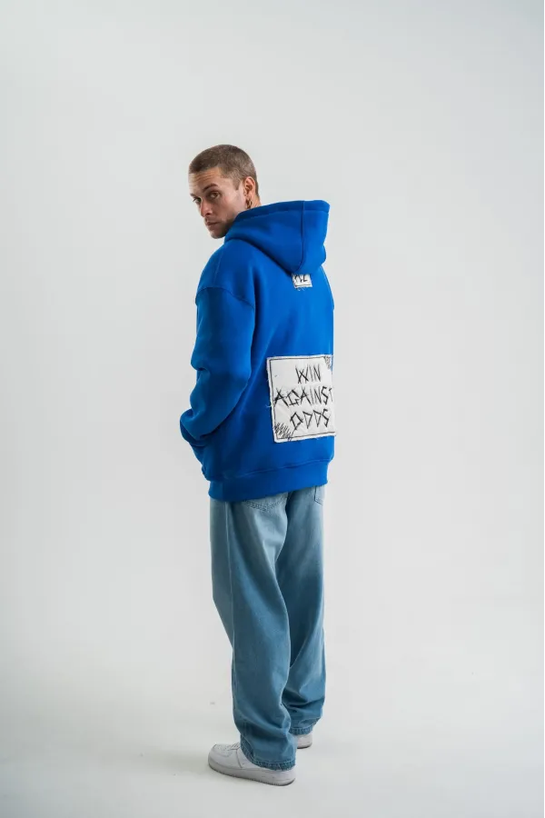 ERKEK Kapşonlu Uzun Kol Patchli Nakışlı SweatShirt - Mavi