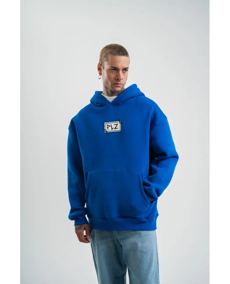 ERKEK Kapşonlu Uzun Kol Patchli Nakışlı SweatShirt - Mavi
