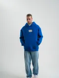 ERKEK Kapşonlu Uzun Kol Patchli Nakışlı SweatShirt - Mavi