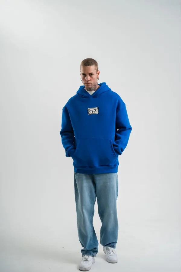 ERKEK Kapşonlu Uzun Kol Patchli Nakışlı SweatShirt - Mavi