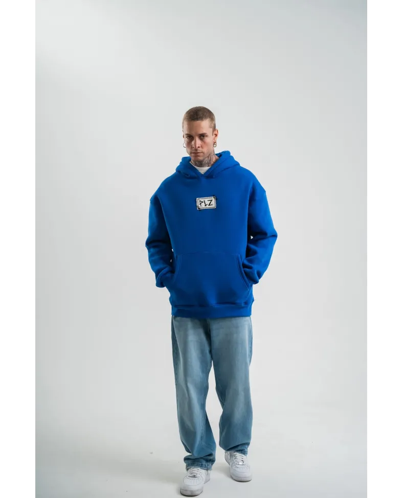 ERKEK Kapşonlu Uzun Kol Patchli Nakışlı SweatShirt - Mavi