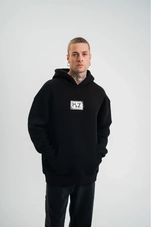 ERKEK 3 İplik Pamuklu Kapüşonlu Patchli Nakışlı Hoodie SweatShirt - Siyah