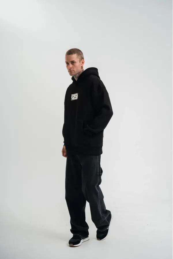 ERKEK 3 İplik Pamuklu Kapüşonlu Patchli Nakışlı Hoodie SweatShirt - Siyah