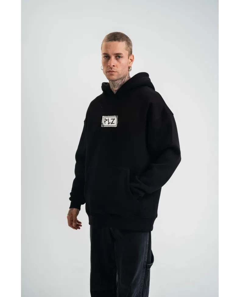 ERKEK 3 İplik Pamuklu Kapüşonlu Patchli Nakışlı Hoodie SweatShirt - Siyah