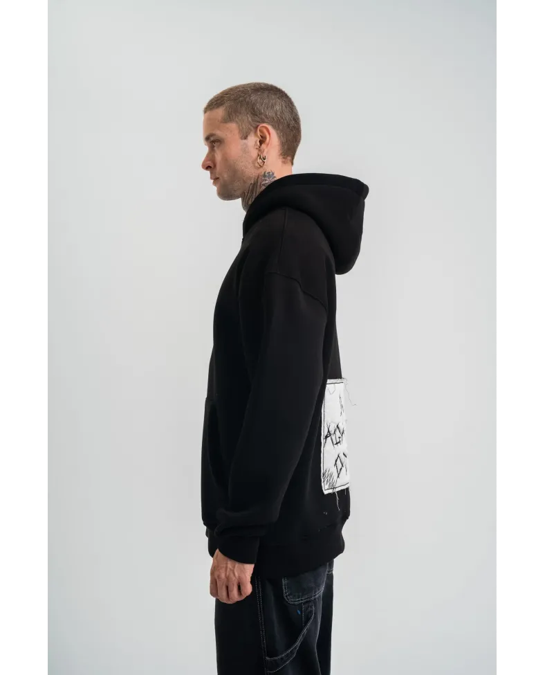 ERKEK 3 İplik Pamuklu Kapüşonlu Patchli Nakışlı Hoodie SweatShirt - Siyah