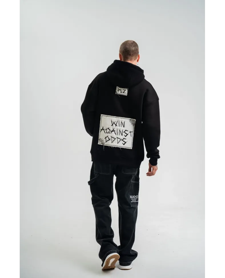 ERKEK 3 İplik Pamuklu Kapüşonlu Patchli Nakışlı Hoodie SweatShirt - Siyah