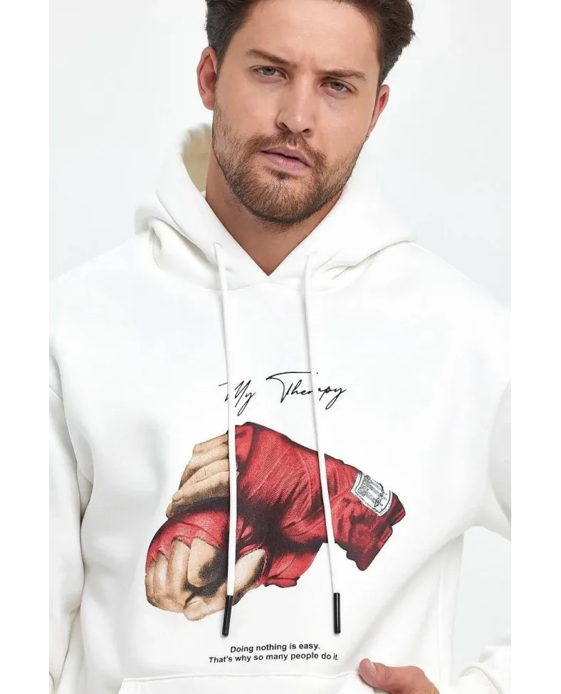 ERKEK Kapüşonlu Üç İplik Oversize Baskılı Sweatshirt - Beyaz