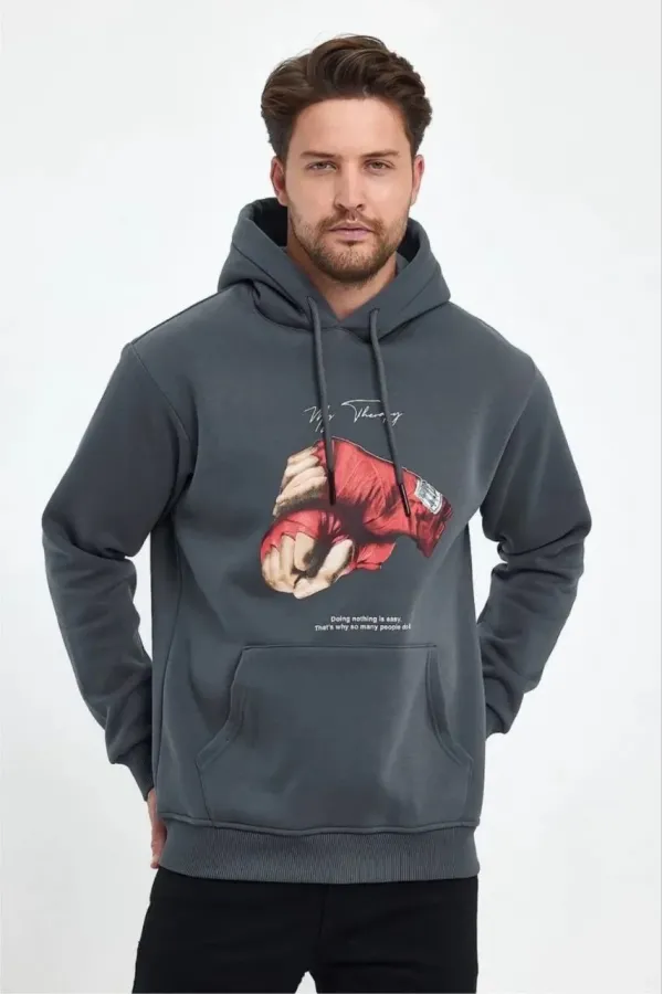 Erkek 3 İplik Pamuklu Kapüşonlu Cepli Boks Eldiven Baskılı Hoodie Sweatshirt - Füme
