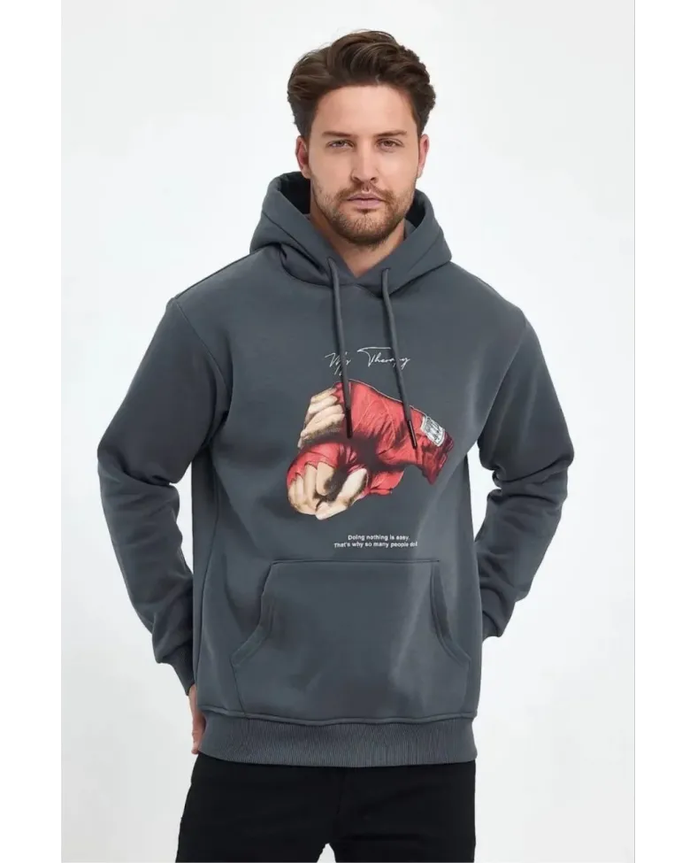 Erkek 3 İplik Pamuklu Kapüşonlu Cepli Boks Eldiven Baskılı Hoodie Sweatshirt - Füme Somersan Giyim | Kadın, Erkek ve Çocuk Moda