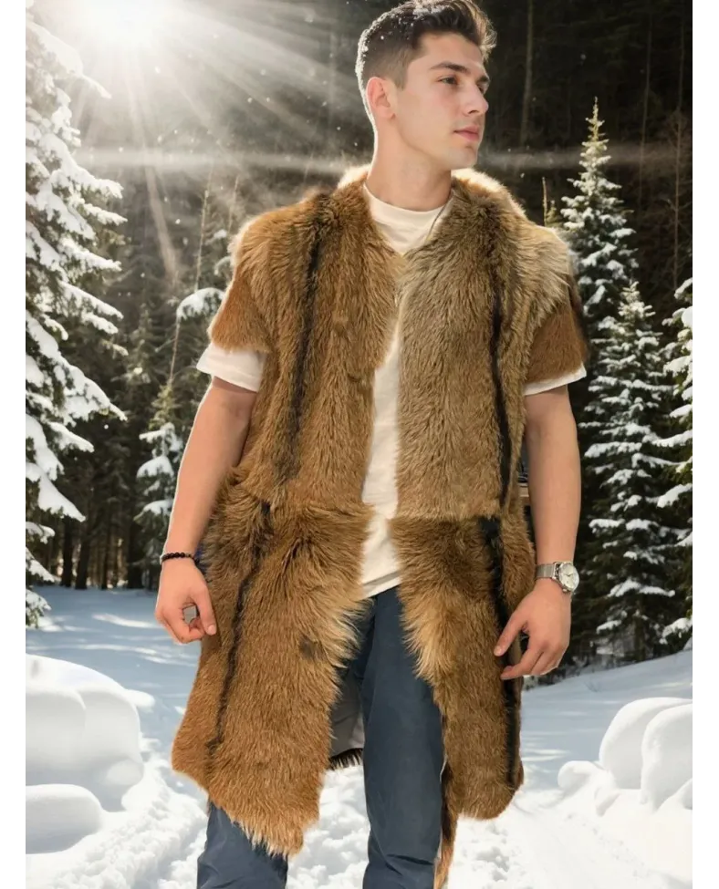 ERKEK orginal deri Kolsuz Uzun Yelek - Kahve