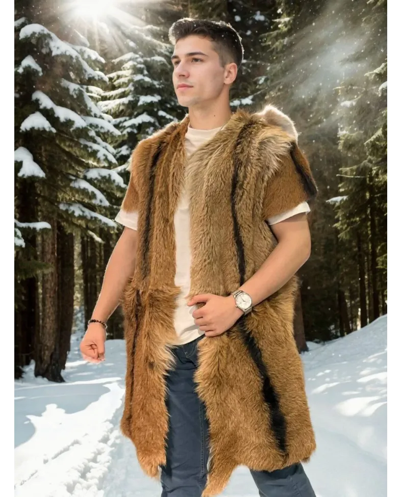 ERKEK orginal deri Kolsuz Uzun Yelek - Kahve