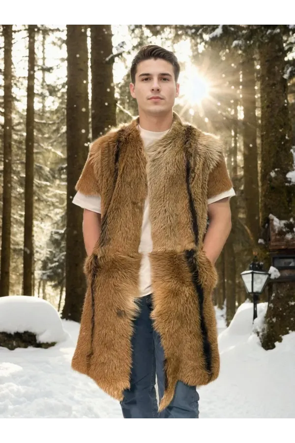 ERKEK orginal deri Kolsuz Uzun Yelek - Kahve