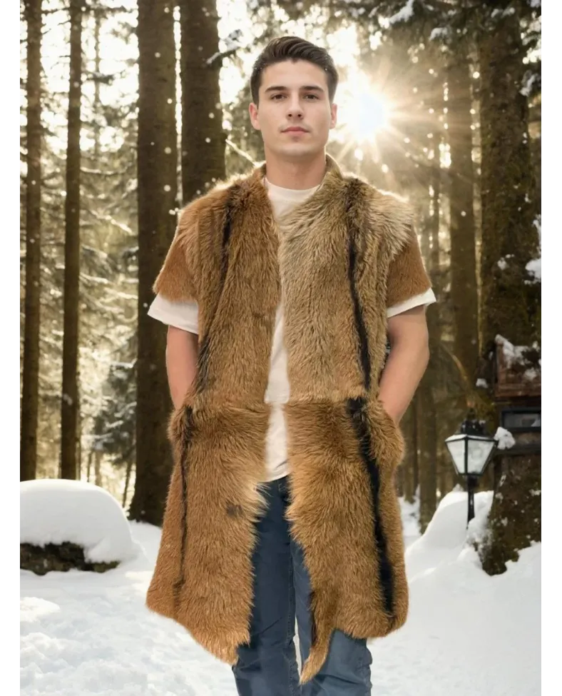 ERKEK orginal deri Kolsuz Uzun Yelek - Kahve