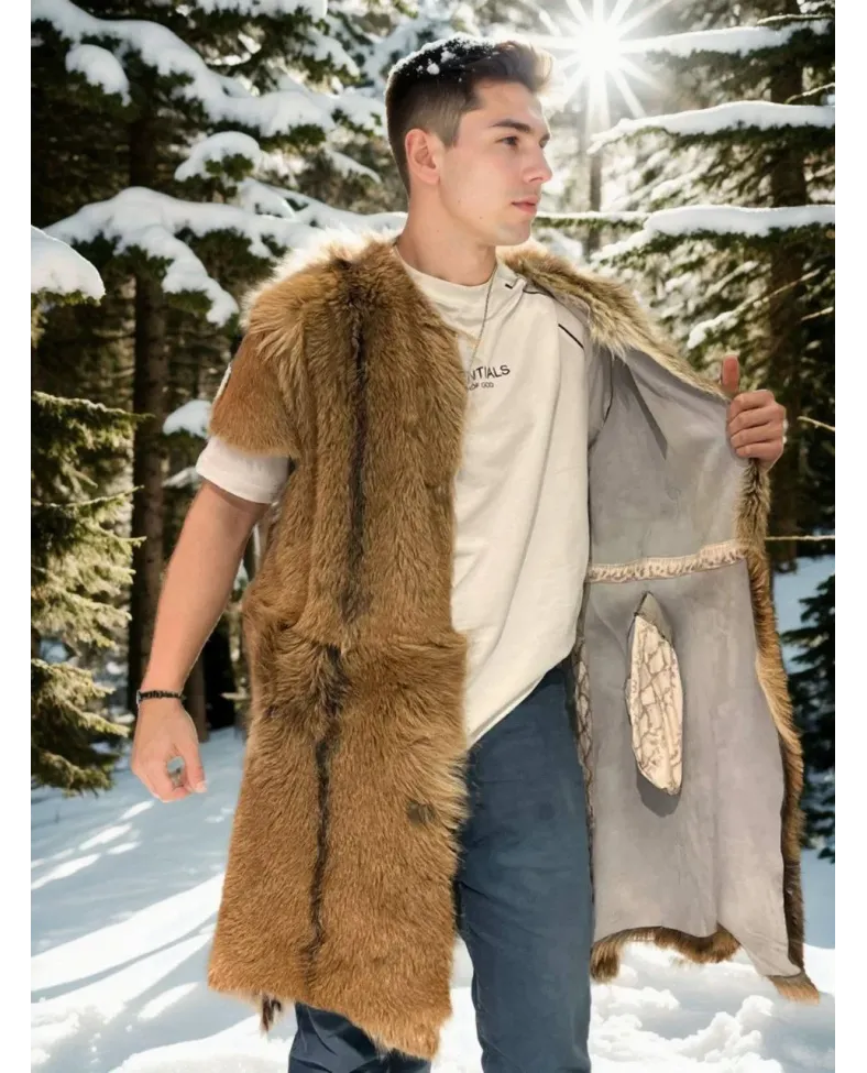 ERKEK orginal deri Kolsuz Uzun Yelek - Kahve