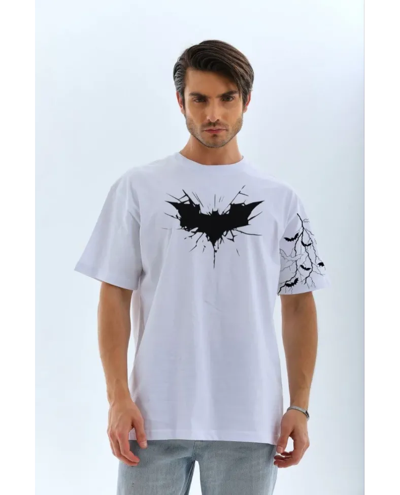 ERKE  Ön ve Kol Yarasa Baskılı Oversize T-shirt - Beyaz