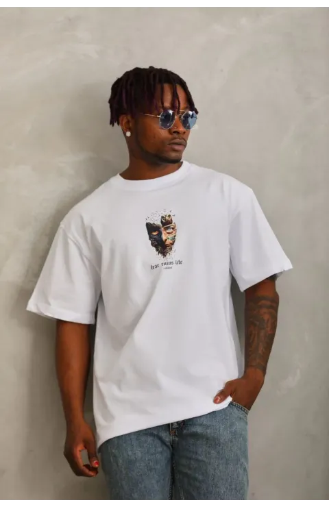 Erkek Baskılı T-Shirt Kısa Kol Bisiklet Yaka Regular Fit Rahat Kalıp Günlük Tişört - Beyaz