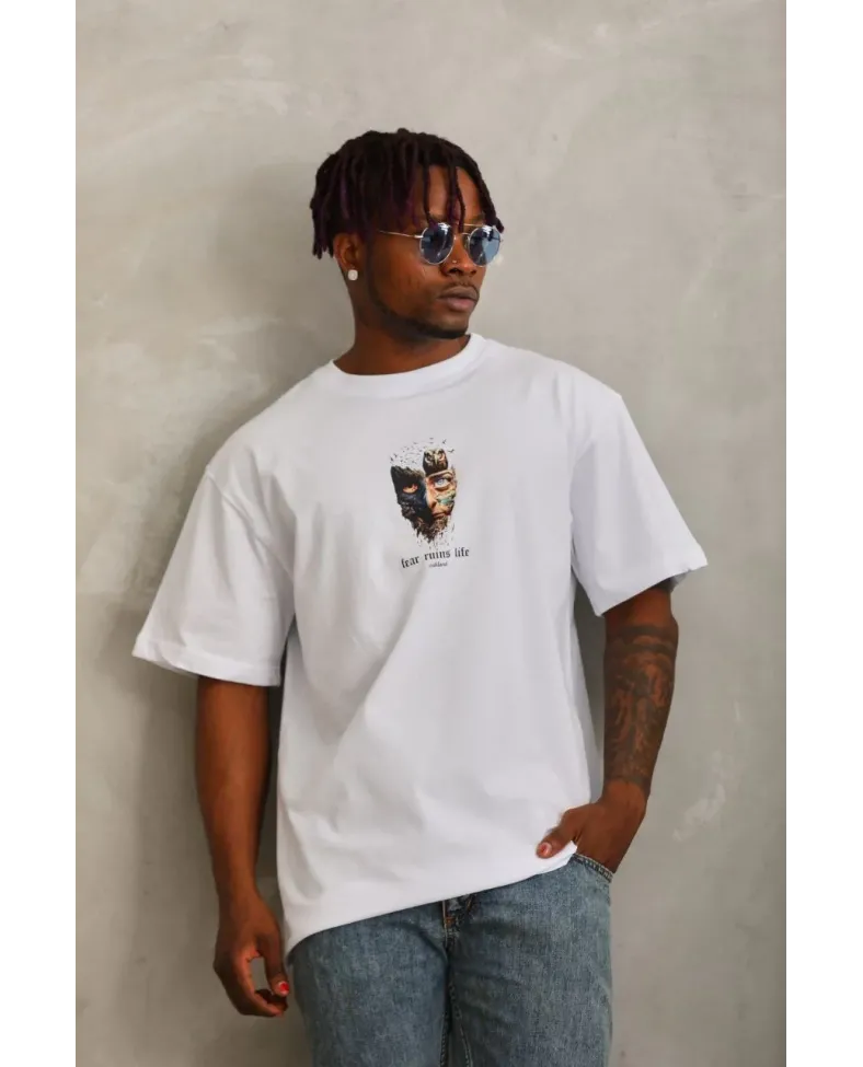 Erkek Baskılı T-Shirt Kısa Kol Bisiklet Yaka Regular Fit Rahat Kalıp Günlük Tişört - Beyaz