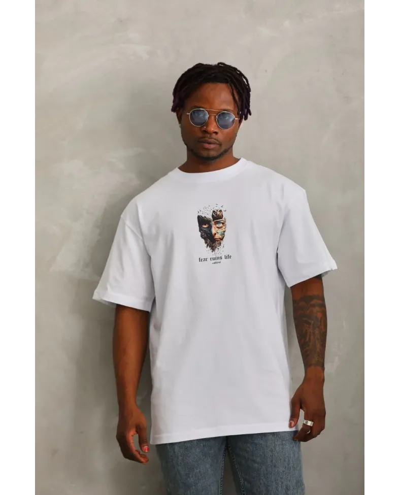 Erkek Baskılı T-Shirt Kısa Kol Bisiklet Yaka Regular Fit Rahat Kalıp Günlük Tişört - Beyaz