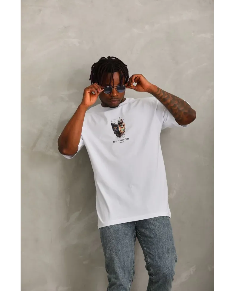 Erkek Baskılı T-Shirt Kısa Kol Bisiklet Yaka Regular Fit Rahat Kalıp Günlük Tişört - Beyaz