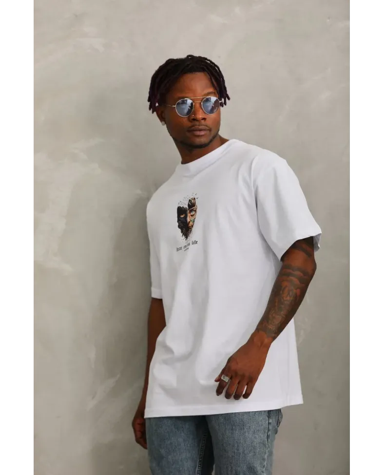 Erkek Baskılı T-Shirt Kısa Kol Bisiklet Yaka Regular Fit Rahat Kalıp Günlük Tişört - Beyaz