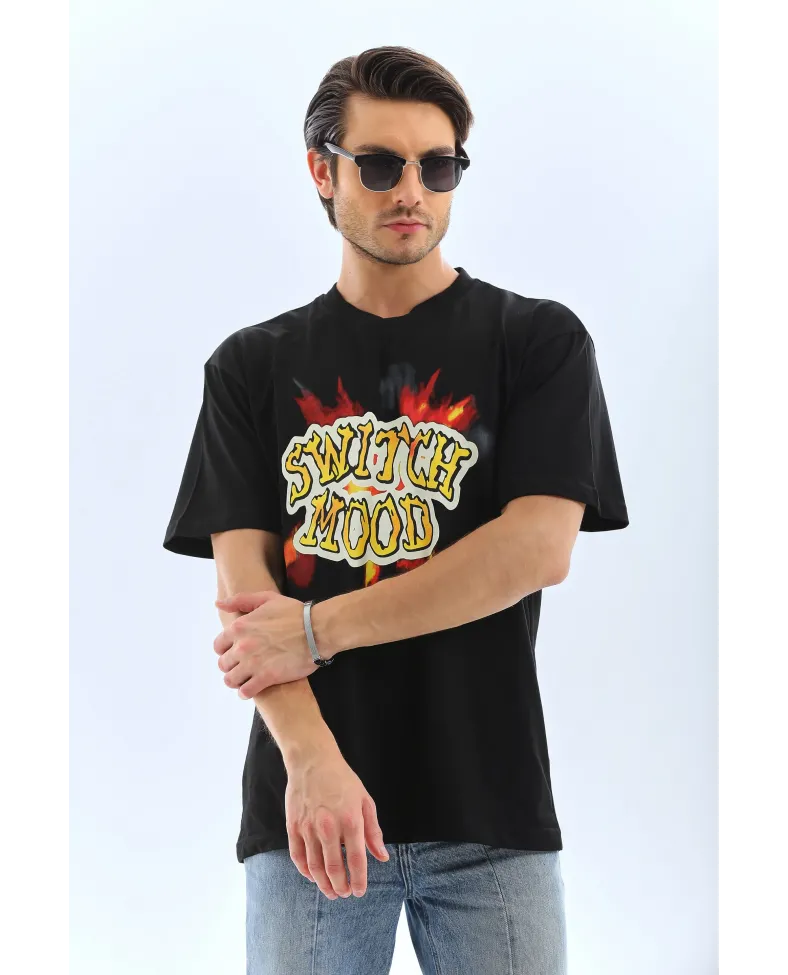 ERKEK Oversize Baskılı Bisiklet Yaka T-Shirt - Siyah