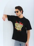 ERKEK Oversize Baskılı Bisiklet Yaka T-Shirt - Siyah