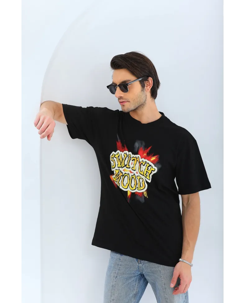 ERKEK Oversize Baskılı Bisiklet Yaka T-Shirt - Siyah