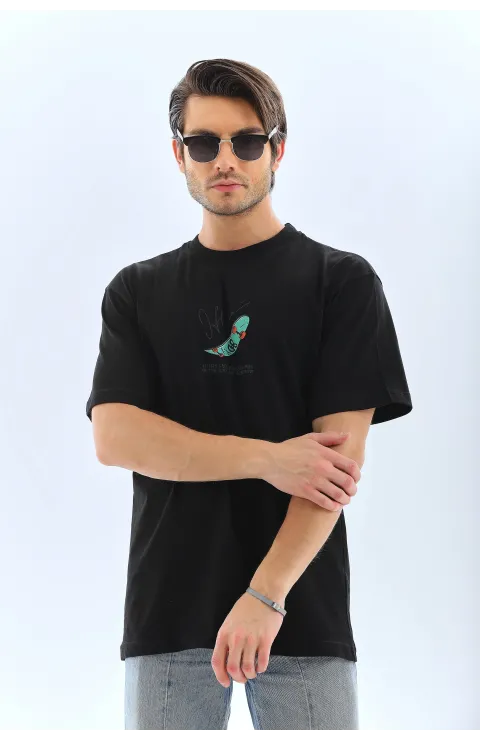 Erkek Kısa Kol Baskılı Bisiklet Yaka T-Shirt - Siyah