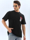 ERKEK Oversize Baskılı Bisiklet Yaka T-Shirt - Siyah