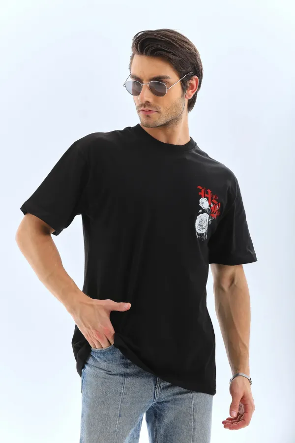 Erkek Baskılı T-Shirt Kısa Kol Bisiklet Yaka Rahat Kalıp Tişört  - Siyah