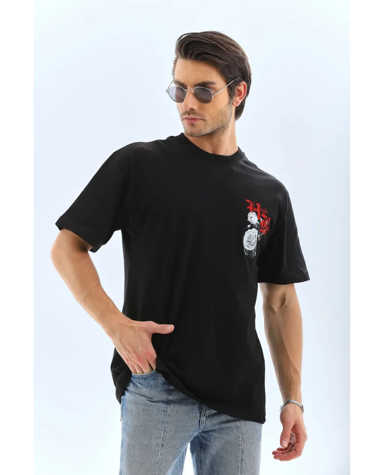 ERKEK Oversize Baskılı Bisiklet Yaka T-Shirt - Siyah