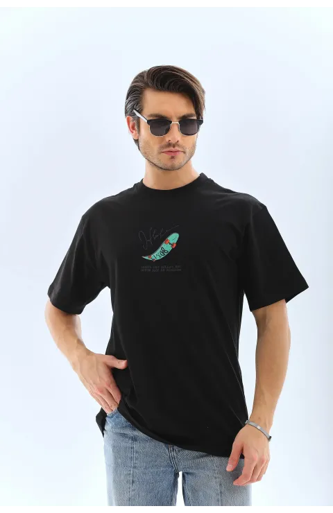 Erkek Kısa Kol Baskılı Bisiklet Yaka T-Shirt - Siyah