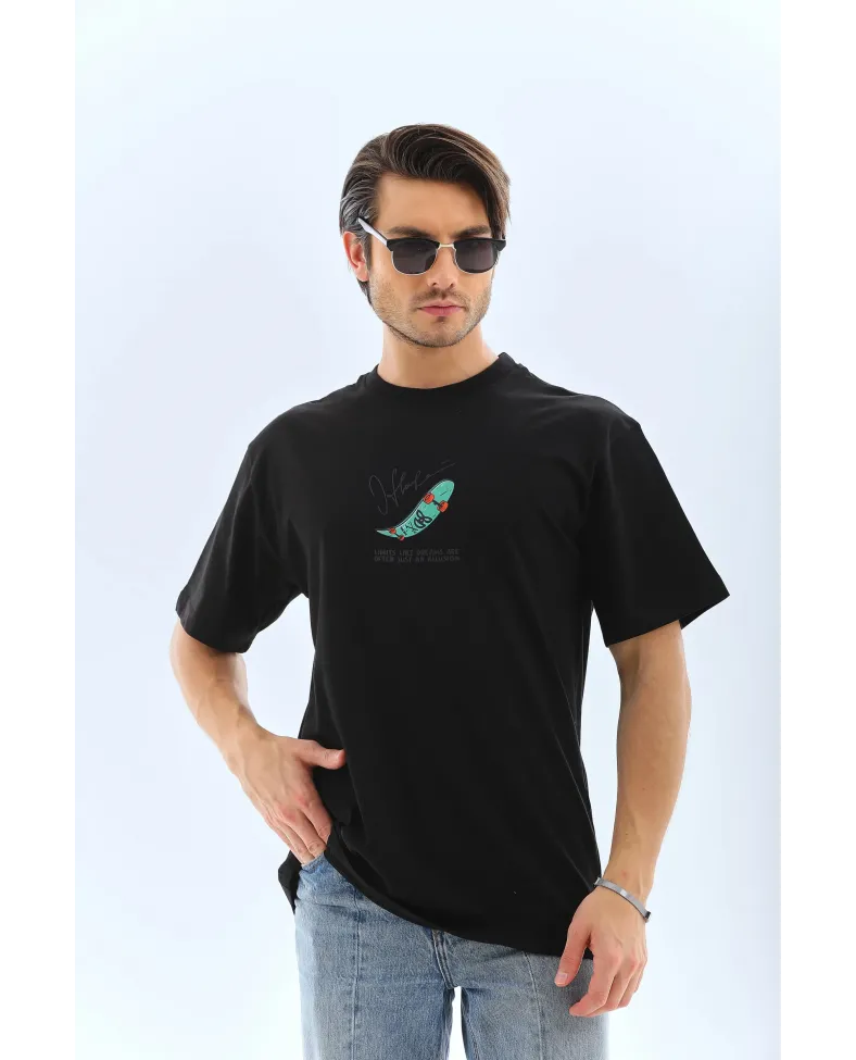 Erkek Kısa Kol Baskılı Bisiklet Yaka T-Shirt - Siyah