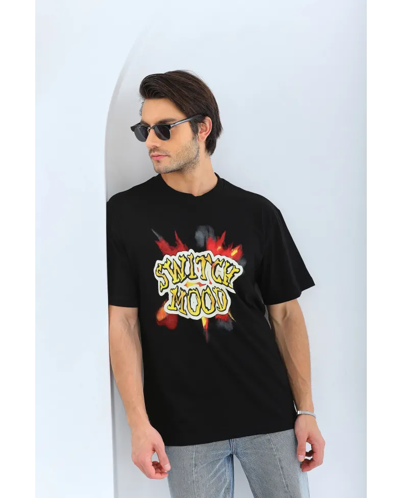 ERKEK Oversize Baskılı Bisiklet Yaka T-Shirt - Siyah