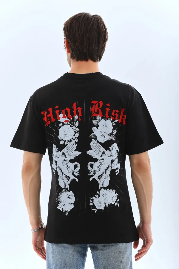 ERKEK Oversize Baskılı Bisiklet Yaka T-Shirt - Siyah
