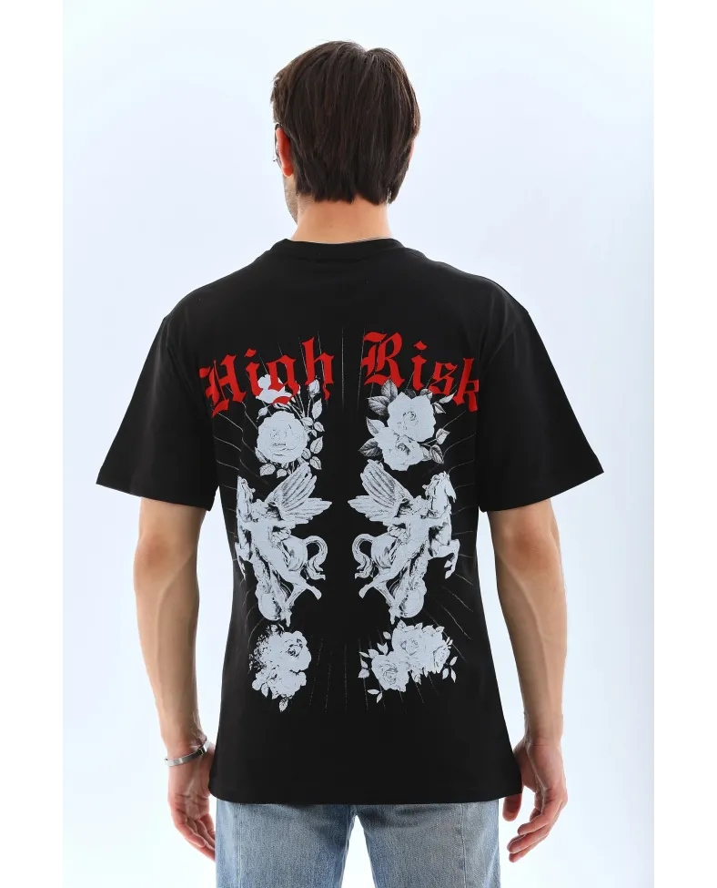 ERKEK Oversize Baskılı Bisiklet Yaka T-Shirt - Siyah