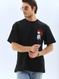 ERKEK Oversize Baskılı Bisiklet Yaka T-Shirt - Siyah