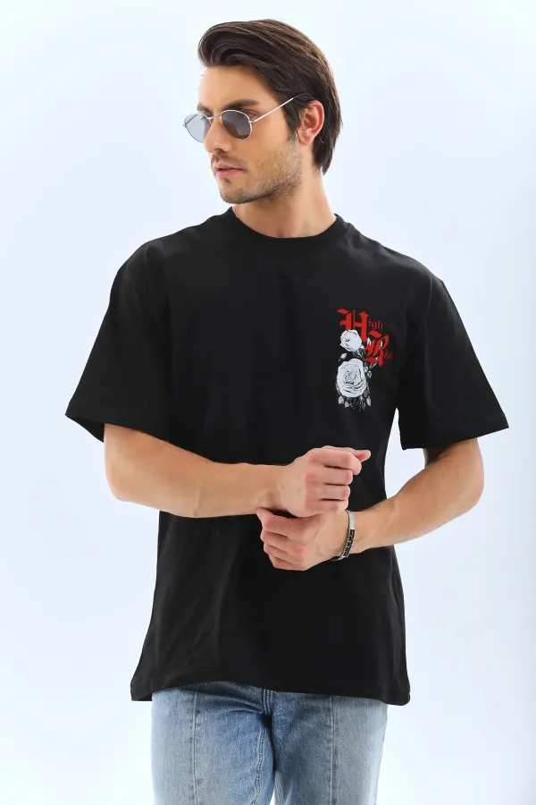 ERKEK Oversize Baskılı Bisiklet Yaka T-Shirt - Siyah